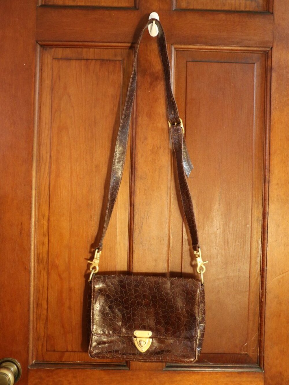 Vintage Brown Leather Silver Blue Crossbody Purse